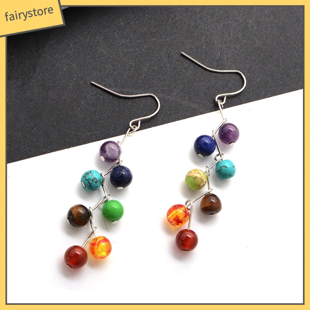 Bông Tai Chuỗi Hạt Đá Chakra 7 Màu Thời Trang Cho Nữ