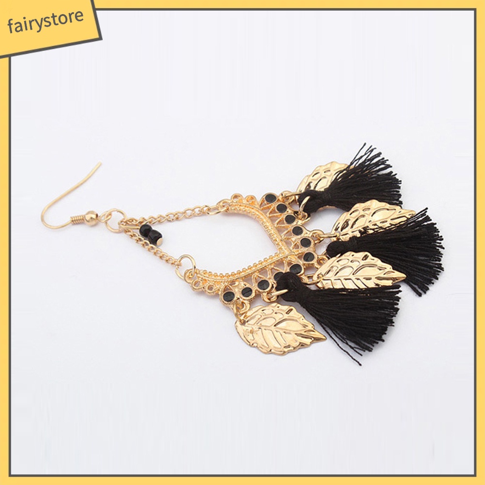 Bông Tai Dáng Dài Hình Chiếc Lá Bằng Kim Loại Phối Tua Rua Phong Cách Bohemian Thời Trang Cho Nữ