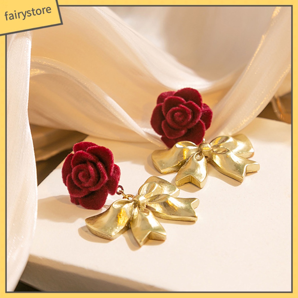 [FRO] 1 Đôi Bông Tai Thả Mạ Bạc Họa Tiết Hoa Hồng / Nơ Dáng Dài Lãng Mạn Cao Cấp