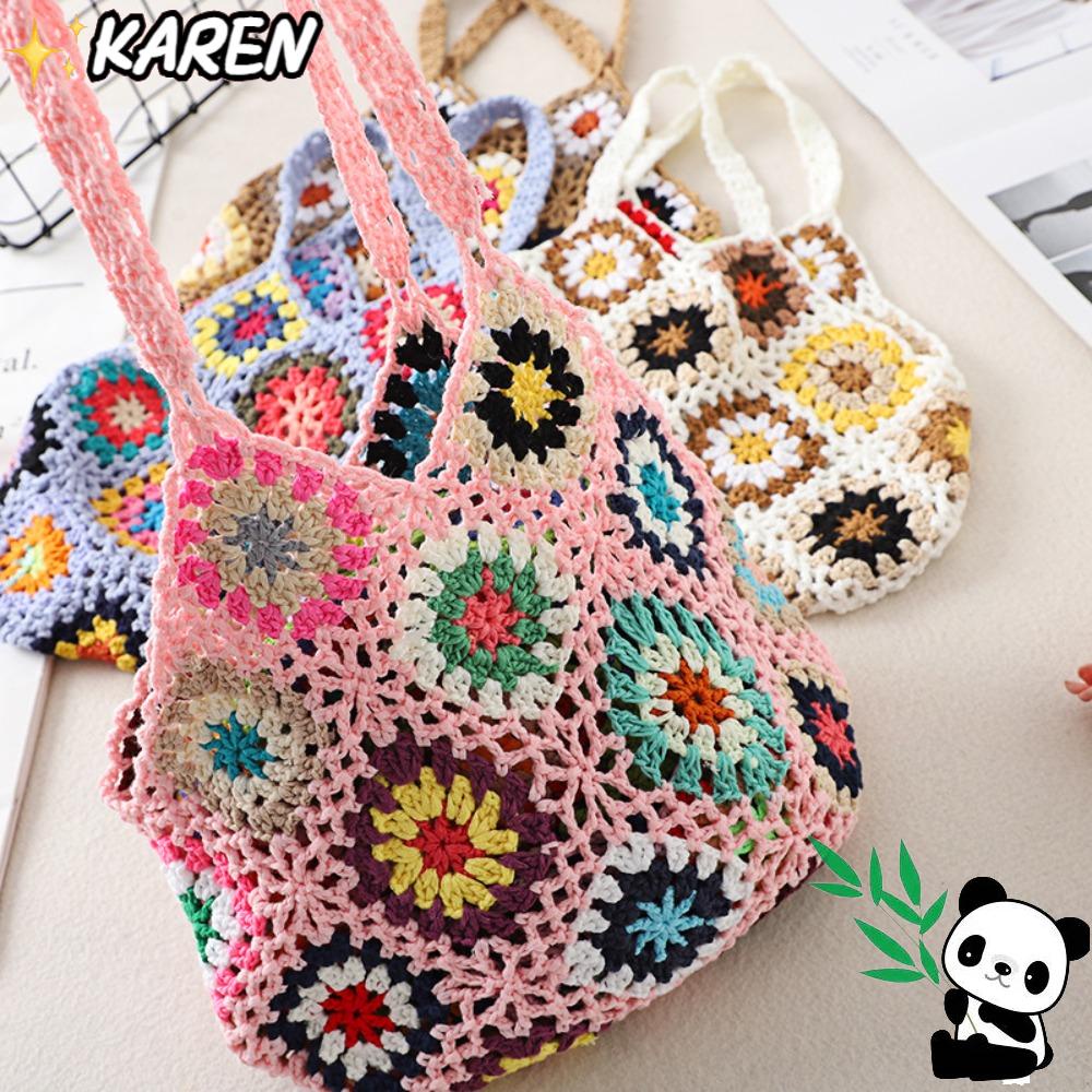 Túi Xách Đan Len Cỡ Lớn In Họa Tiết Hoa Phong Cách Boho Cổ Điển Thời Trang Cho Nữ