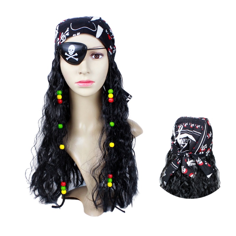 Bộ Tóc Giả Xoăn Dài Màu Đen Kèm Khăn Choàng Hóa Trang Cướp Biển Dịp Halloween
