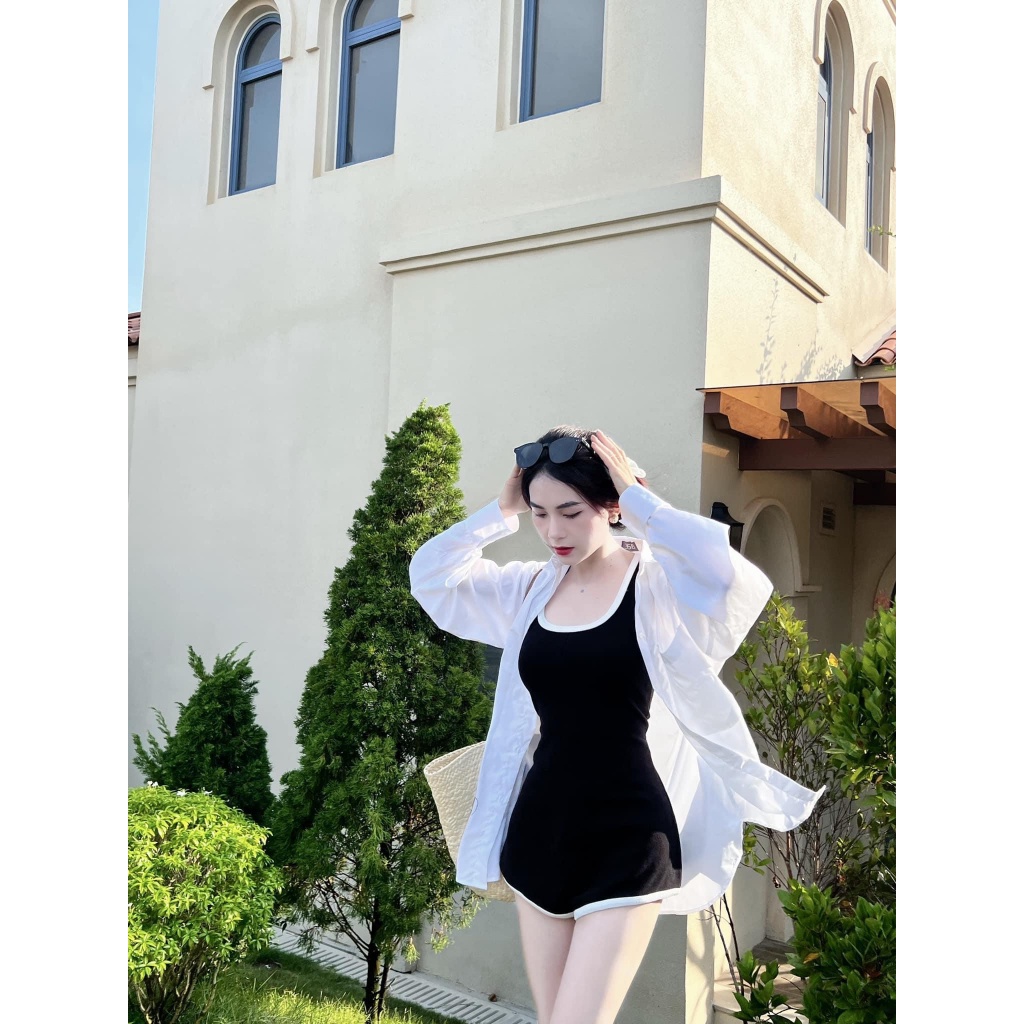 Sét Jumpsuit nữ ba lỗ phối viền form ngắn mix áo khoác sơ mi với 2 tone màu đơn giản diện đi chơi, đi biển siêu xinhaloh