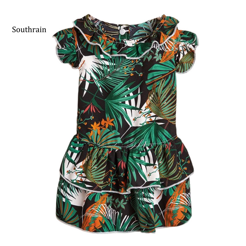 Đầm Hóa Trang Công Chúa Mùa Hè Xếp Ly Viền Nhấn In Họa Tiết Lá Cọ Có Khóa Bấm Cho Cún Cưng