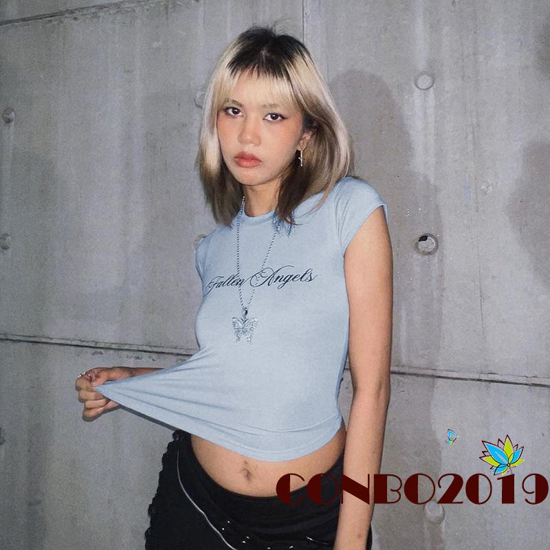 Áo Thun Crop Top Tay Ngắn Cổ Tròn In Chữ Phong Cách Đường Phố Cho Nữ