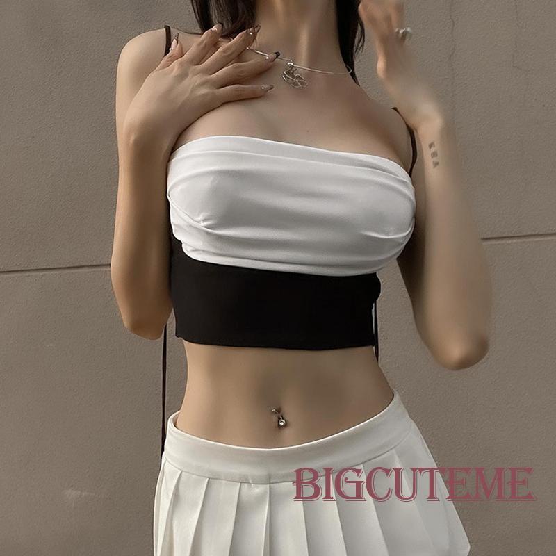 [] - Áo Crop Top Không Tay Ôm Dáng Màu Sắc Tương Phản Buộc Dây Dành Cho Nữ