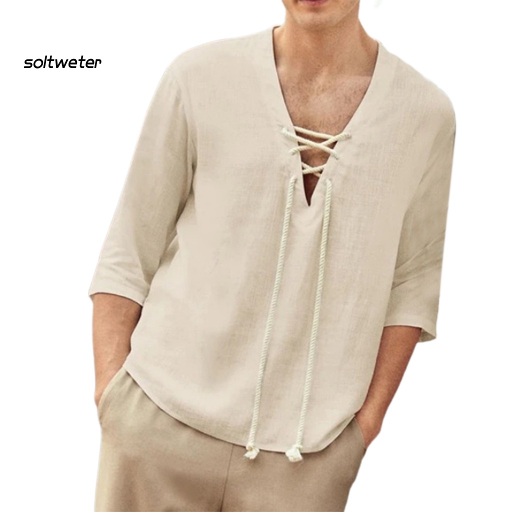 Áo nam Cổ Chữ V Màu Trơn Có Dây Cột Thời Trang Mùa Hè