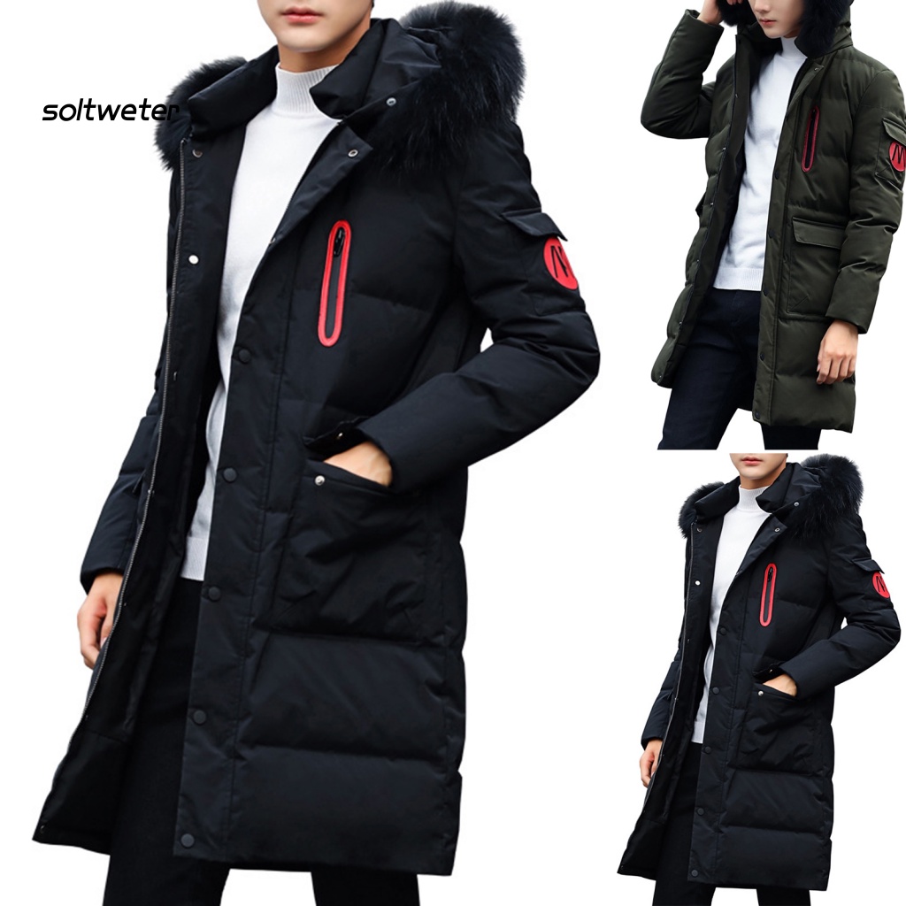 Áo Khoác Phao Có Nón Tay Dài Màu Trơn Phối Lông Giả Màu Sắc Thời Trang Đường Phố Mùa Đông Cho Nam