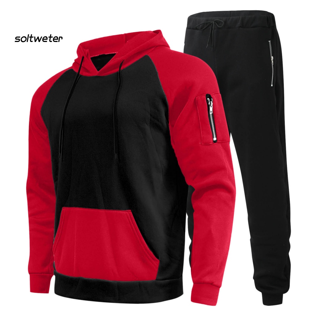 Bộ 2 Món Áo Sweater Tay Dài Có Nón + Dây Rút + Túi Lót Lông Cừu Giữ Ấm Màu Sắc Tương Phản