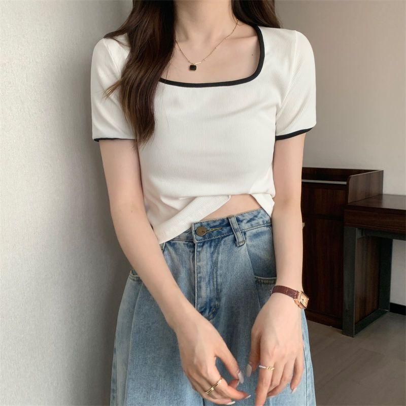 Áo Thun Tay Ngắn Cổ Vuông Hở Xương Quai Xanh Thời Trang Mùa Hè Mới 2023