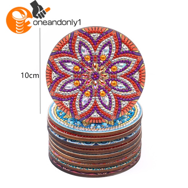 Bộ 10 Đế Lót Ly Đính Đá Chống Mài Mòn Họa Tiết Mandala Kèm Giá Đỡ Tiện Dụng Diy