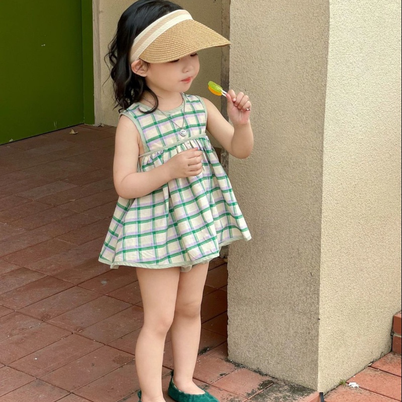 Bộ Áo Sơ Mi Cotton + Chân Váy Chữ A Sọc Caro Xanh Lá Thời Trang Mùa Hè Hàn Quốc Cho Nữ