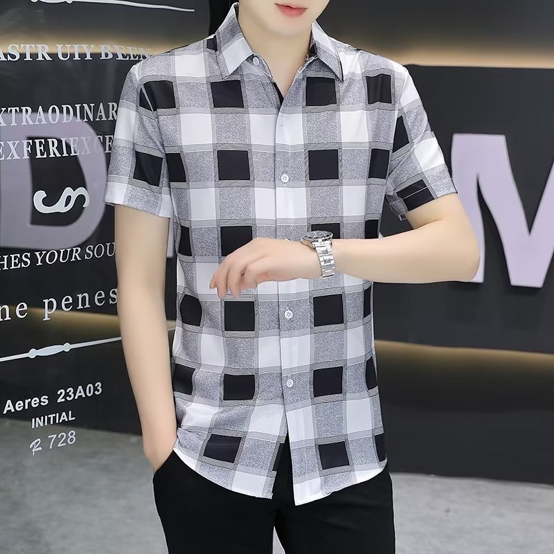 Áo Sơ Mi Tay Ngắn Dáng Rộng Họa Tiết Kẻ Sọc Màu Đen / Cam Phong Cách Hàn Quốc Thời Trang Cho Nam