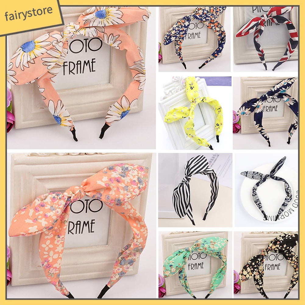 Băng Đô Cài Tóc Đính Nơ Tai Thỏ Họa Tiết Hoa Thời Trang Cho Nữ