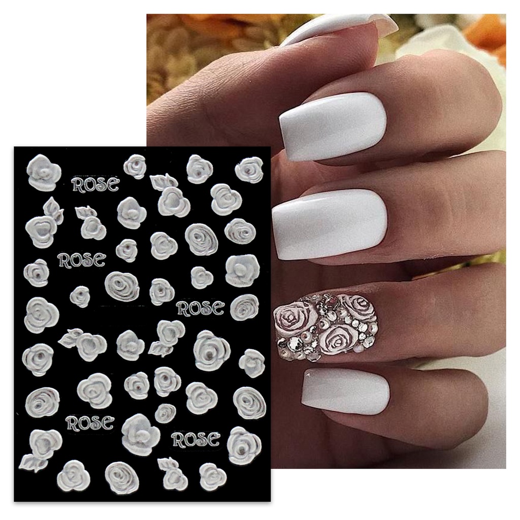Miếng Dán Trang Trí Móng Tay Nghệ Thuật Dập Nổi Họa Tiết Hoa Lớn Màu Trắng Thích Hợp Cho Tiệc Cưới