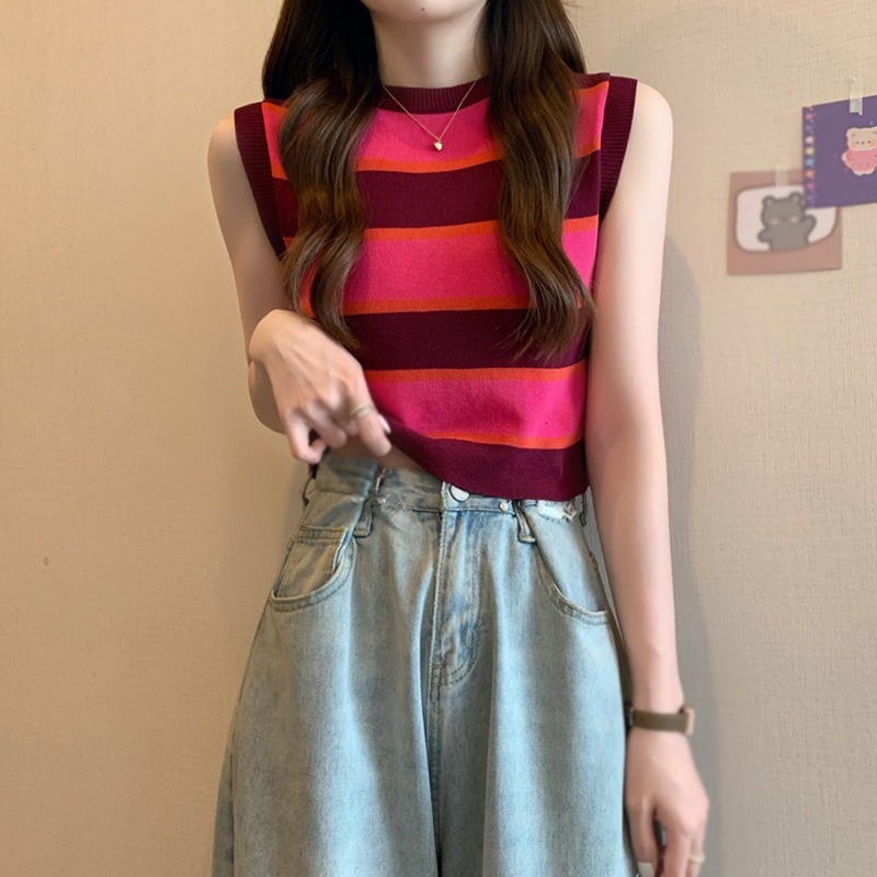 Áo Tank Top Hai Dây Cổ Tròn Họa Tiết Kẻ Sọc Phong Cách Hàn Quốc Thời Trang Quyến Rũ Cho Nữ