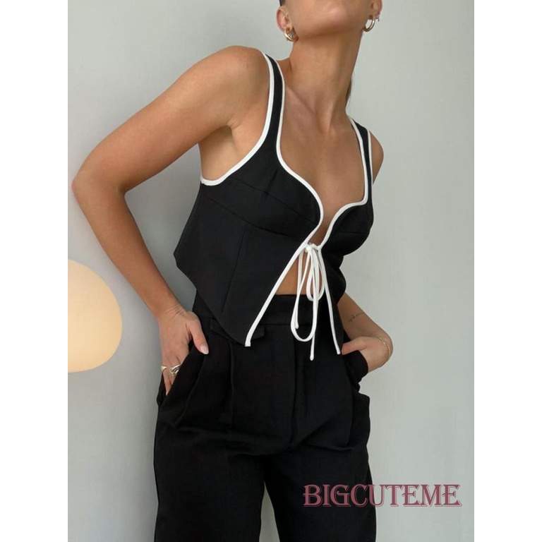 [] - Áo Crop Top Không Tay Cột Dây Phía Trước Ôm Dáng Màu Sắc Tương Phản Thời Trang Mùa Hè