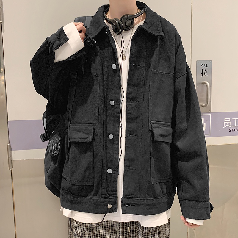 Áo Khoác Denim Màu Đen Dáng Rộng Phong Cách Retro Nhật Hàn Thời Trang Xuân Thu Cho Nam Giới