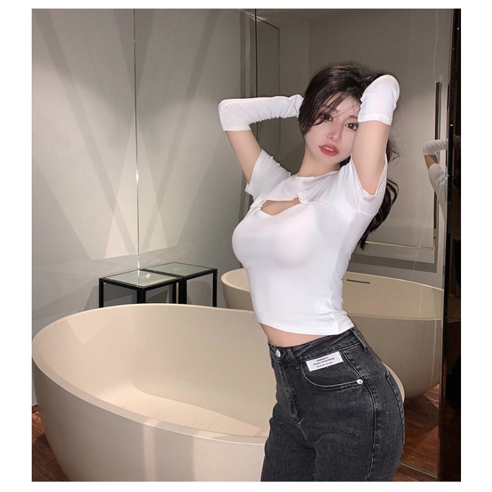 NZN Áo Thun Nữ Ngắn Tay Khoét Vai Gợi Cảm Kiểu Hàn Quốc