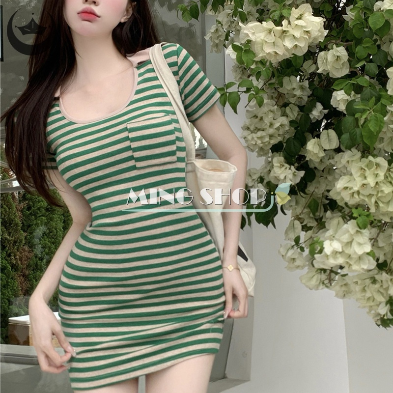 Đầm Tay Ngắn Cổ Chữ U Họa Tiết Kẻ Sọc Thời Trang Mùa Hè Cho Nữ