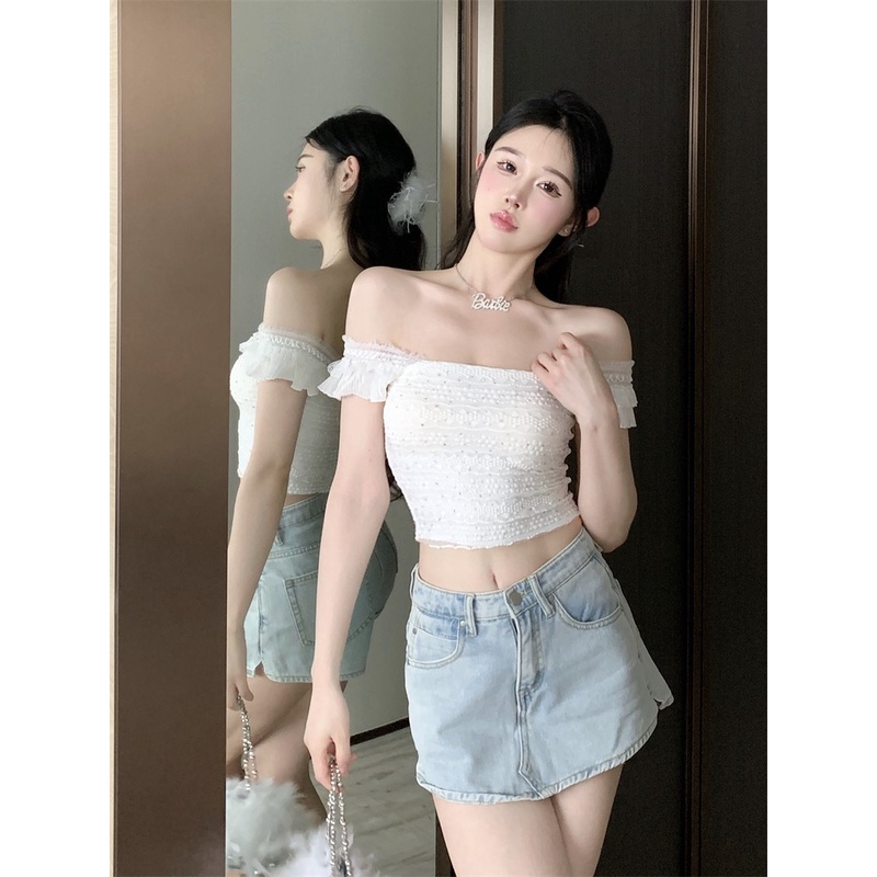 Áo Croptop  ba lỗ hở rốn màu đen dáng ngắn ren gợi cảm khí chất phong cách Hàn Quốc mùa hè nữ