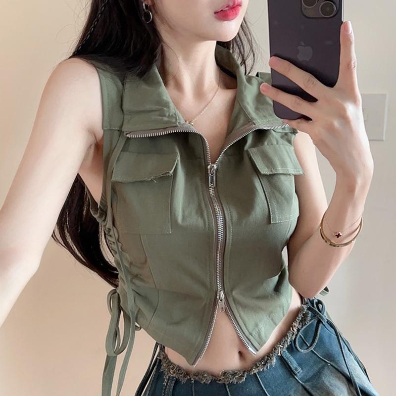 Áo Lót Cổ polo Có Dây Rút Hai Hàng Nút Phong Cách Retro Mỹ Mùa Hè Hàng Mới Dành Cho Bạn Nữ