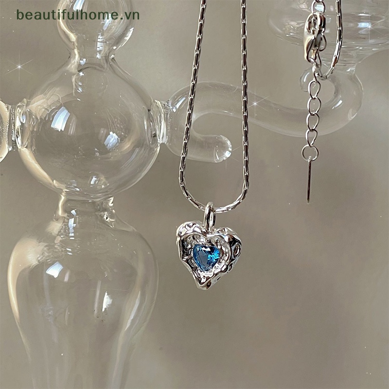 Vòng cổ Bạc Mặt Trái Tim Đính Pha Lê Xanh Dương Thời Trang Hàn Quốc Cho Nữ