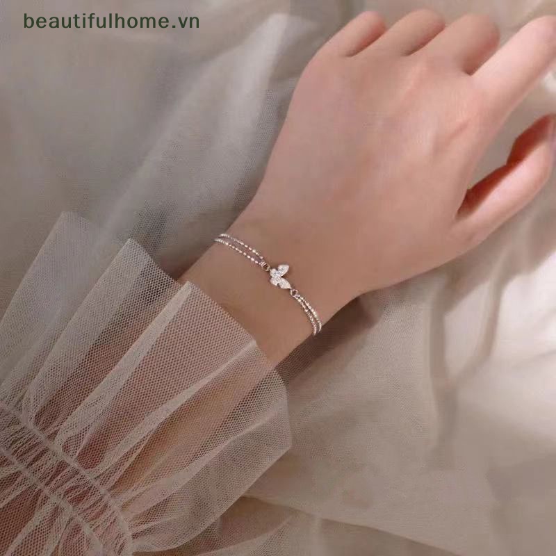Vòng Tay Dây Xích Màu Bạc Đính Đá Zircon Hình Bướm Lấp Lánh Chống Dị Ứng Ngọt Ngào Cho Nữ
