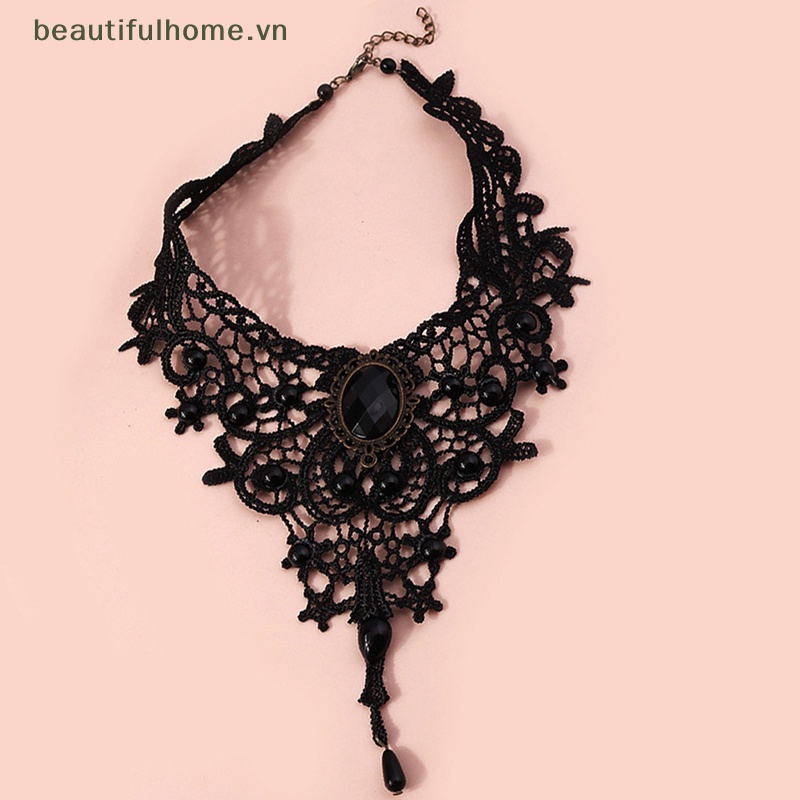 Vòng Cổ Choker Ren Đính Hạt Đá Quý Màu Đen Phong Cách Gothic Quyến Rũ Làm Quà Tặng Đẹp Cho Phụ Nữ [beauty]