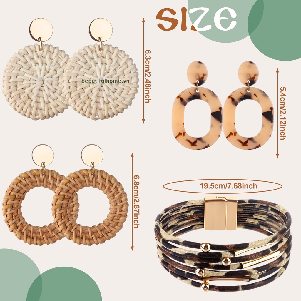 Set 5 Khuyên Tai / Vòng Tay / Dây Đeo Chéo / Túi Xách Đan Lát Thủ Công Bằng Acrylic Họa Tiết Da Báo Thời Trang Mùa Hè Cho Nữ