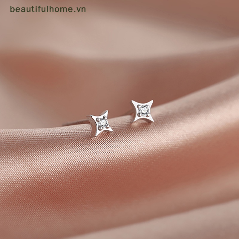 [beautifulhome] Bông Tai Ngôi Sao Bốn Cánh Màu Bạc Đơn Giản Siêu Cổ Tích Làm Quà Tặng Bán Chạy [beauty]