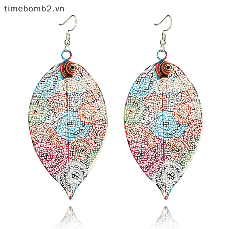 {Timebomb} Bông Tai Dáng Dài Hình Chiếc Lá Lớn Nhiều Màu Sắc Phong Cách Boho