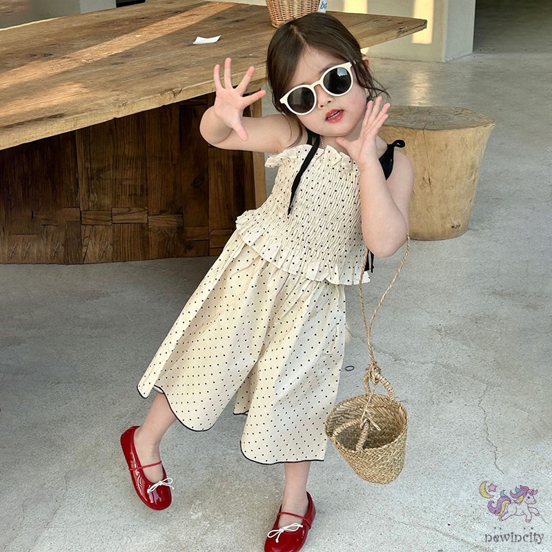 Bộ Áo Hai Dây Chấm Bi + Quần Dài Lưng Thun Ống Rộng Thời Trang Mùa Hè Hàn Quốc Cho Bé Gái