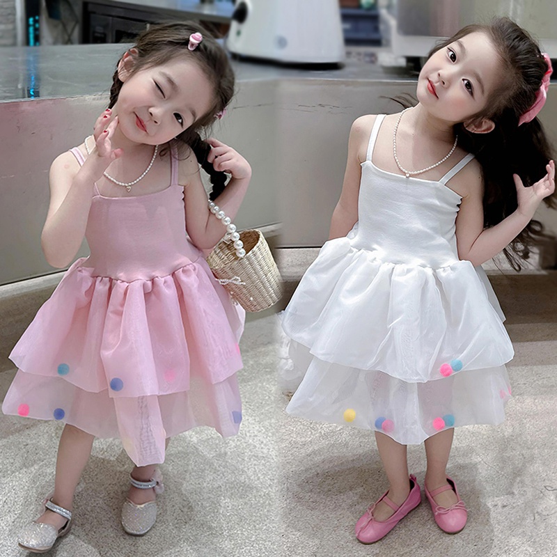 Đầm Hai Dây Phối Lưới Thời Trang Mùa Hè Hàn Quốc Cho Bé Gái