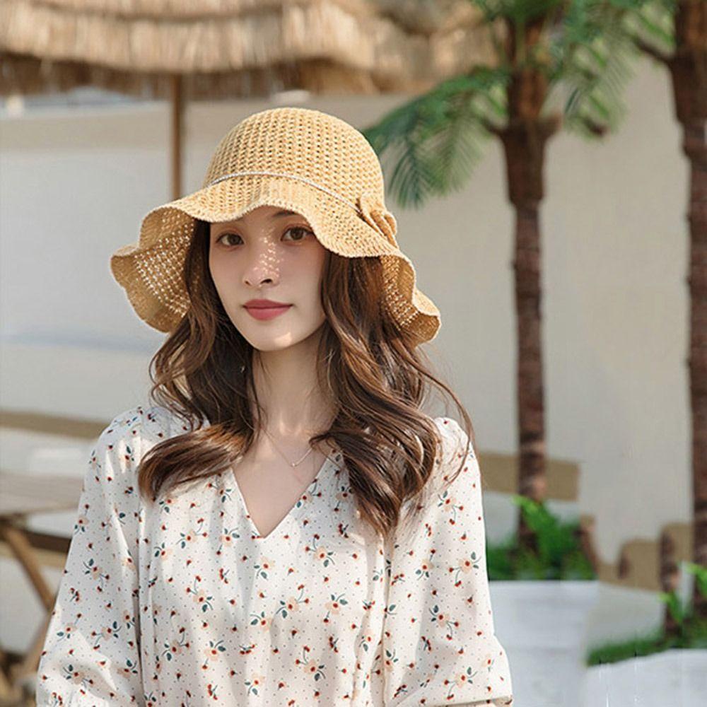 DARNELL Nón Tai Bèo Đan Len Chống Nắng Viền Gợn Sóng Thời Trang Du Lịch Cho Nữ