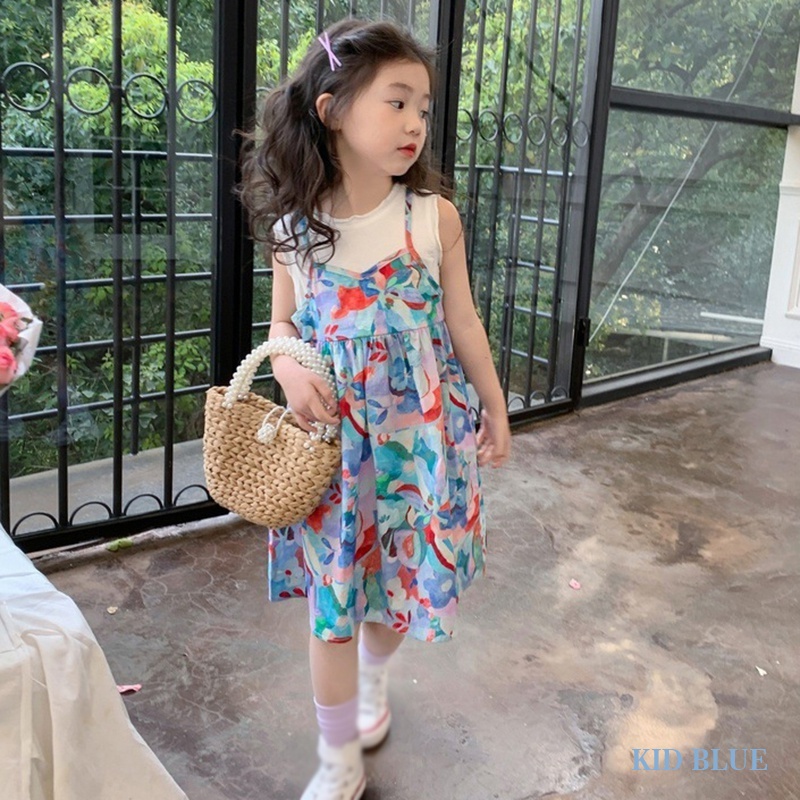 Đầm Công Chúa Giả Hai Lớp Cổ Tròn In Họa Tiết Hoa Phong Cách Hàn Quốc Thời Trang Mùa Hè Cho Bé Gái