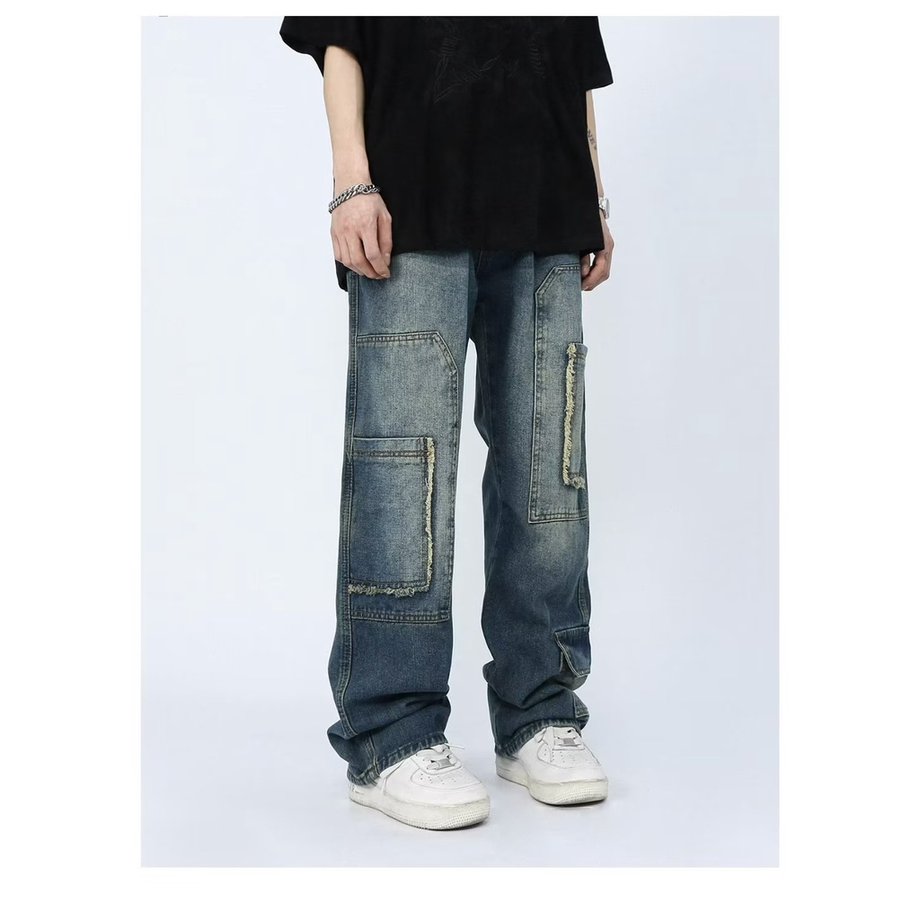Quần Jean Dài Dáng Rộng Phối Nhiều Túi Phong Cách Retro