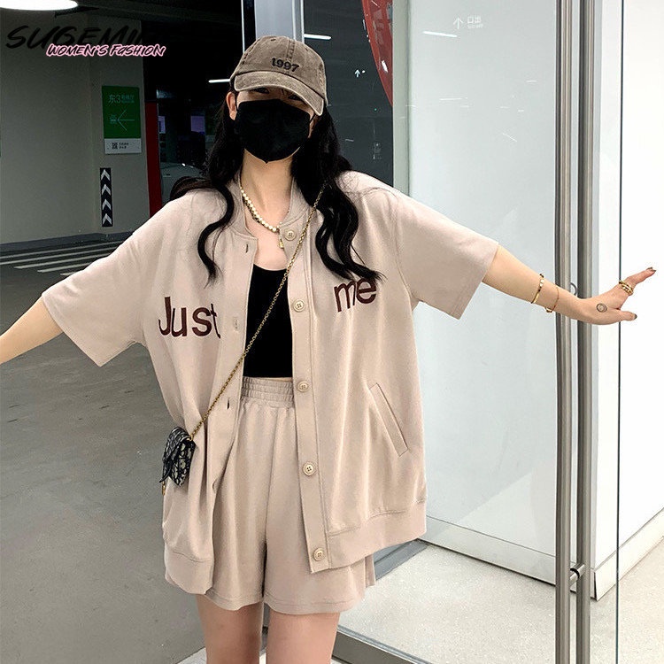Bộ Áo Cardigan Ngắn Tay Dáng Rộng + Quần Short Thời Trang Retro Đường Phố Cho Nữ