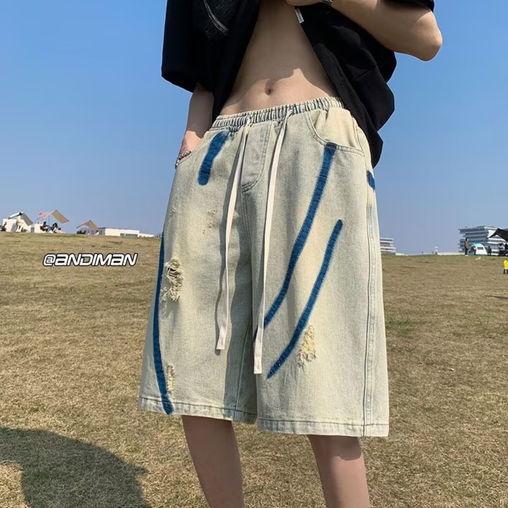 Quần Short Denim Dáng Rộng In Họa Tiết Phong Cách Đường Phố Thời Trang Mùa Hè Cho Nam