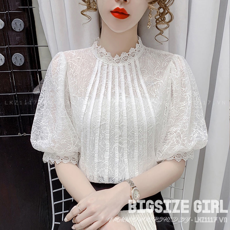 Áo ren tiểu thư Bigsize Áo kiểu nữ form rộng tay ngắn cổ tròn mùa hè Phong cách Hàn Quốc Thời Trang tiểu thư cá tính xinh đẹp bigsizegiaree