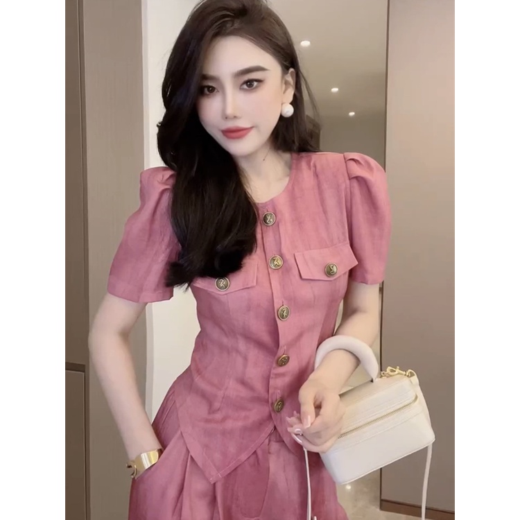 Áo Tay Ngắn Phồng Ôm Dáng Phối Nút Kim Loại + Quần Ống Rộng Thời Trang Mùa Hè 2023 Cho Nữ