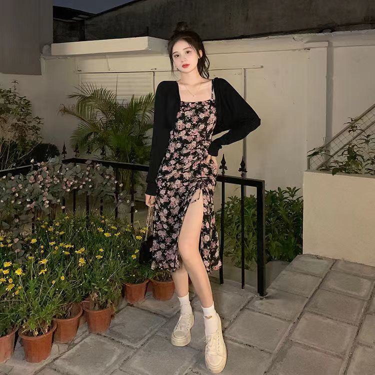 COZOK Set Đầm Hoa Xẻ Tà + Áo Khoác cardigan Tay Dài Thời Trang Cho Nữ