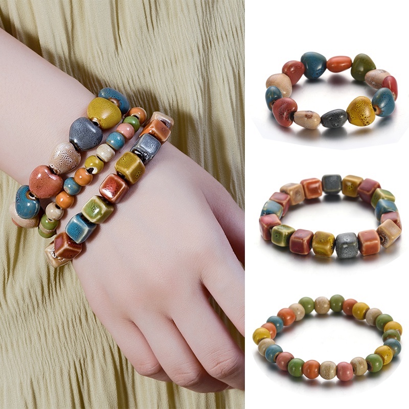 Vòng Tay Dây Thun Co Giãn Xâu Hạt Gốm Sứ Nhiều Màu Phong Cách Bohemian Cho Nữ