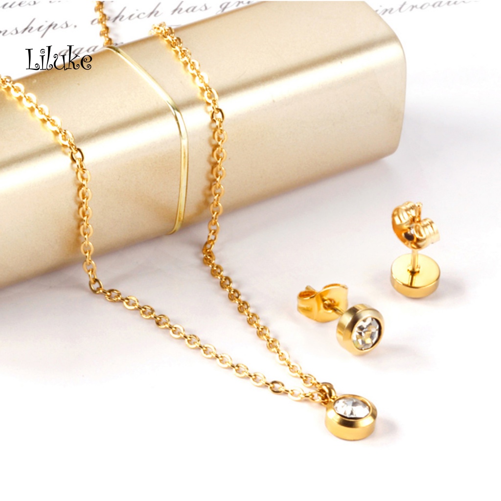 1 Bộ Vòng cổ Và Bông Tai Mặt Tròn Đính Pha Lê Giả Thời Trang