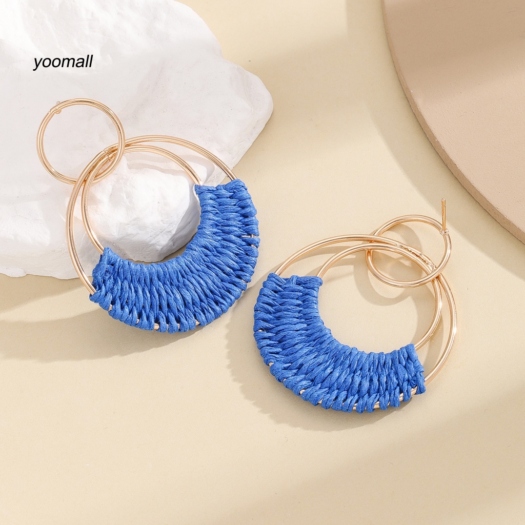 1 Đôi Khuyên Tai Tròn Đan Rơm Thời Trang Đi Biển Mùa Hè