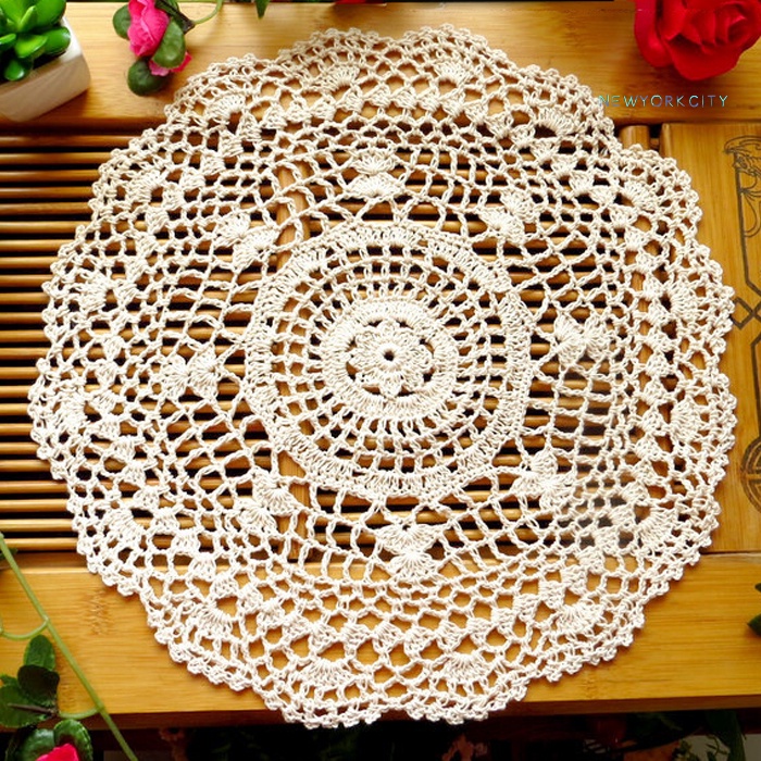 Tấm Lót Bàn Tròn Bằng Vải Cotton Phối Ren Handmade Chống Trượt Tiện Dụng