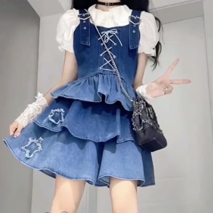 Set Áo Sơ Mi Tay Phồng + Đầm Yếm Denim Màu Gradient Thời Trang Cho Nữ