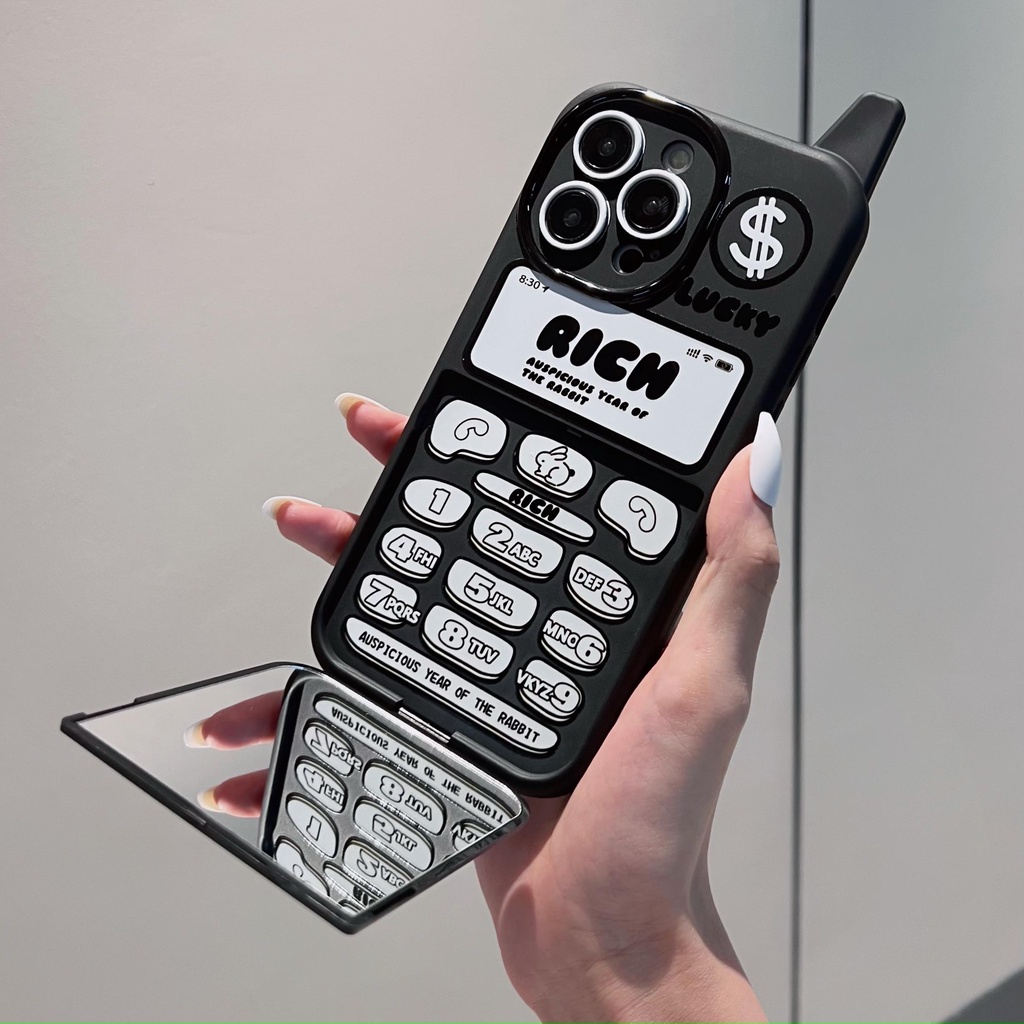 Ốp Điện Thoại tpu Dẻo Nắp Gập Tráng Gương Họa Tiết Chú Thỏ Đen Cổ Điển Cho iPhone 14 13 12 11 Pro Max