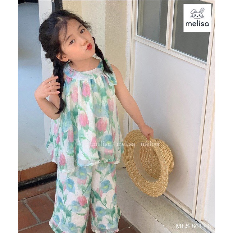 Set bộ bé gái Melisa 864 cổ yếm quần ống sớ chất tơ organza Kawaii bebe hàng thiết kế cao cấp
