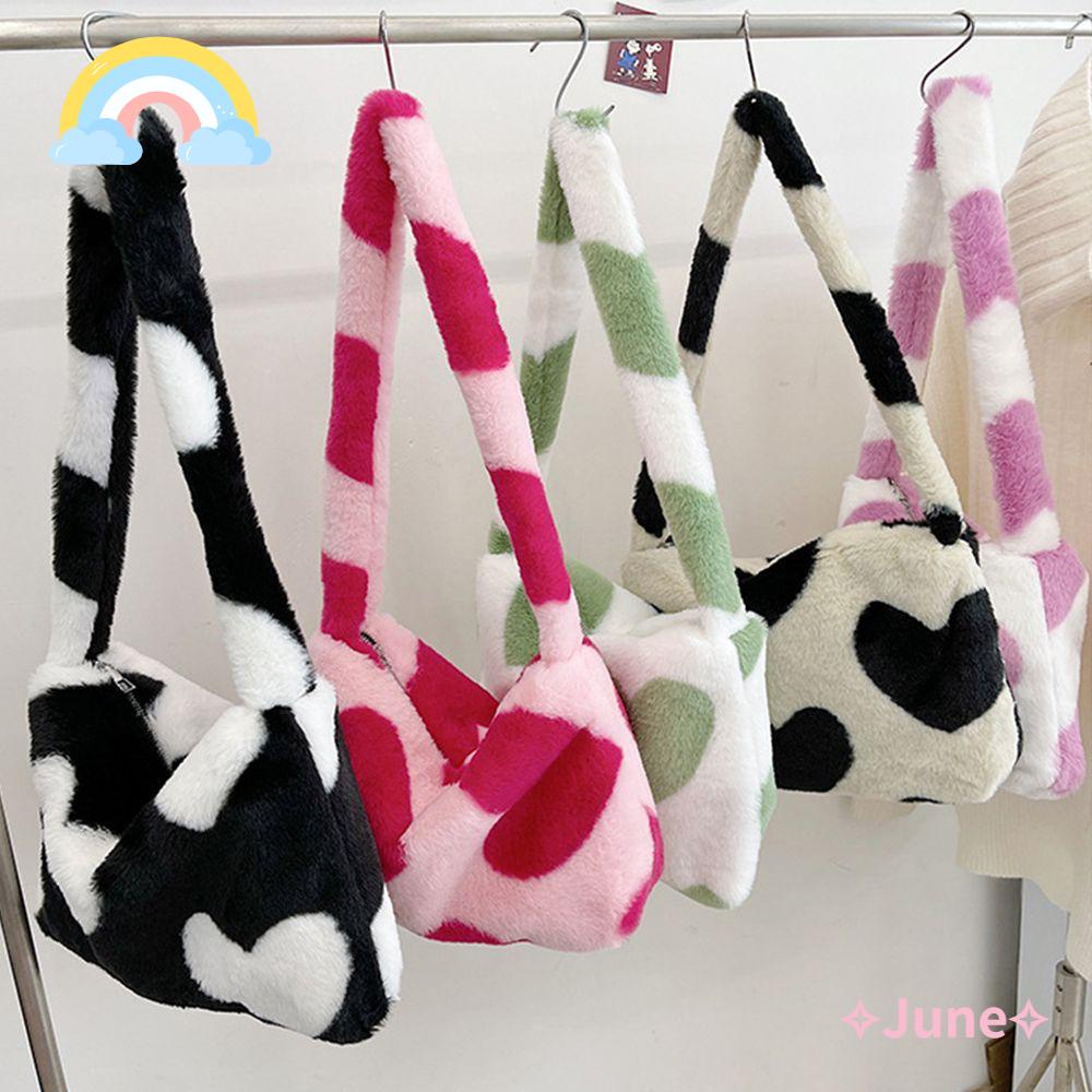 JUNE Túi Đeo Chéo Vai Hình Trái Tim Lông Xù Cho Nữ