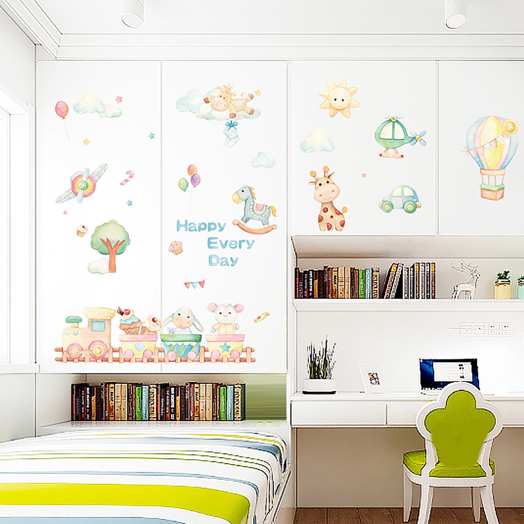 Miếng Dán Tường Bằng PVC Chống Thấm Nước Họa Tiết Hoạt Hình Động Vật Và Bong Bóng Xinh Xắn